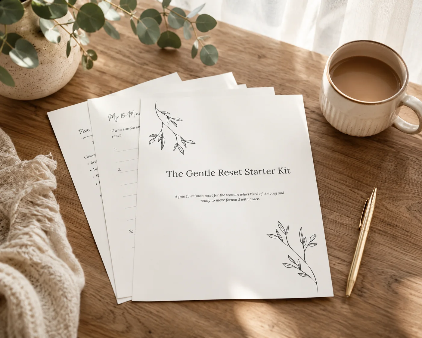 The Gentle Reset Starter Kit cover page resting on a warm wooden table beside a cup of coffee