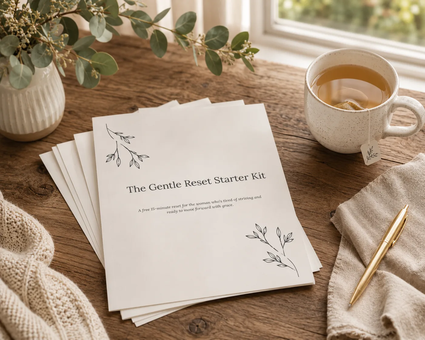 The Gentle Reset Starter Kit beside a window and cup of tea