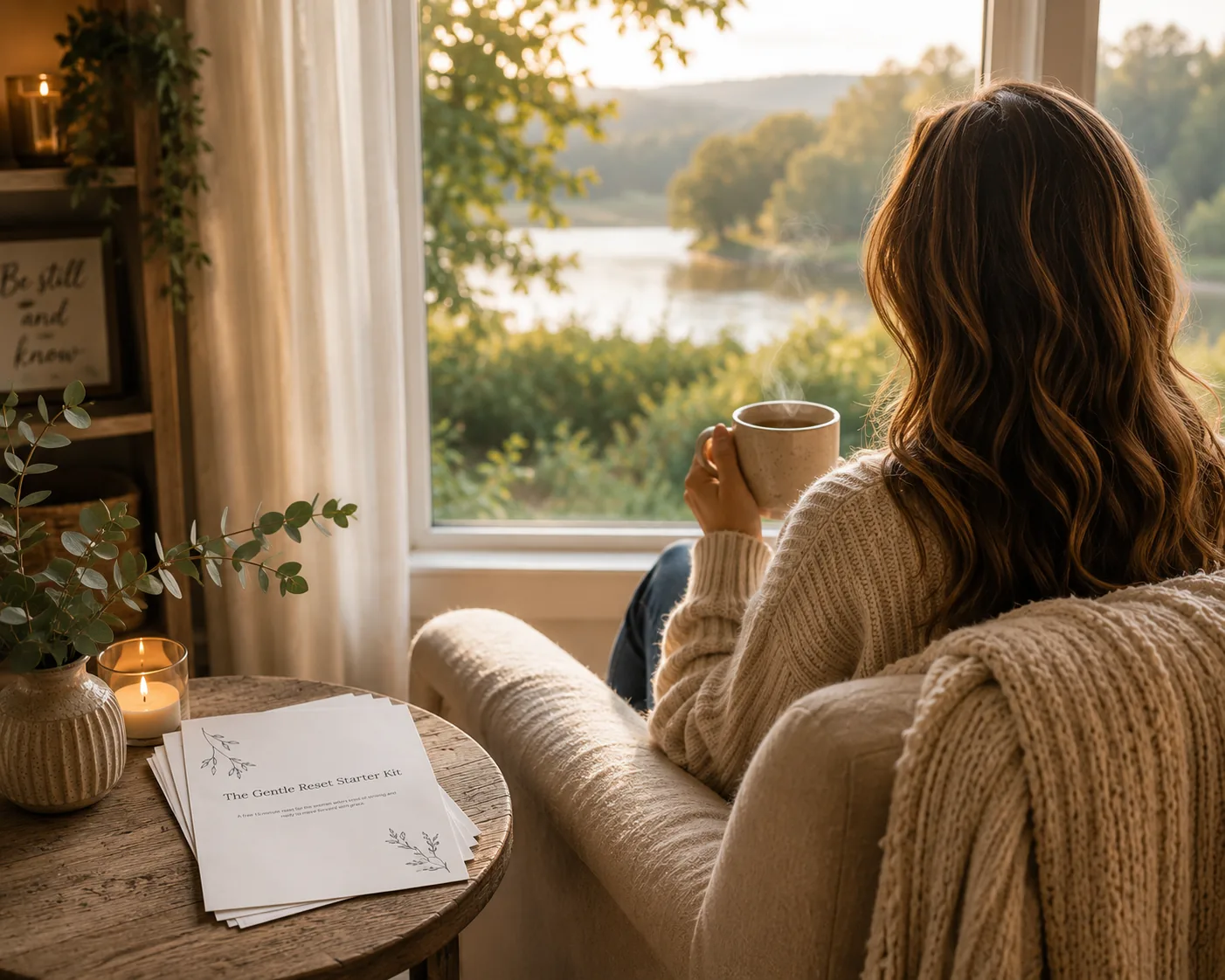 A quiet chair by a scenic window with a warm mug and the Starter Kit nearby