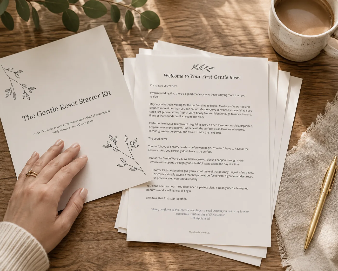 The Starter Kit welcome page visible with the cover moved aside and a woman's hand resting on it